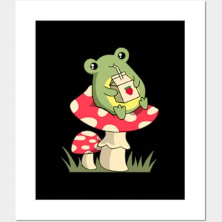 Kawaii Frog Drinking Strawberry Milk On Mushroom Frog Posters and Art